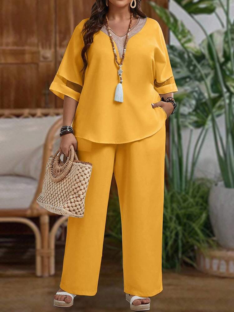 Plus Size Women Vacation Ribbon Trim V-Neck 3/4 Sleeve Shirt And Wide Leg Pants Casual 2 Pieces Set