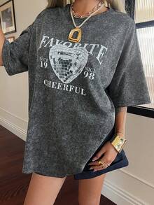 DAZY Women's Summer Round Neck Loose Printed Casual Pullover T-Shirt - Grey - View 3