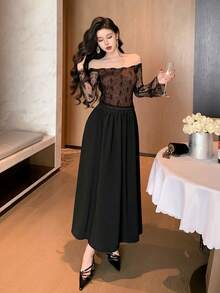 Joudiya Đầm dài tay trễ vai phối ren tương phản thanh lịch dành cho nữ - màu đen - Xem 6