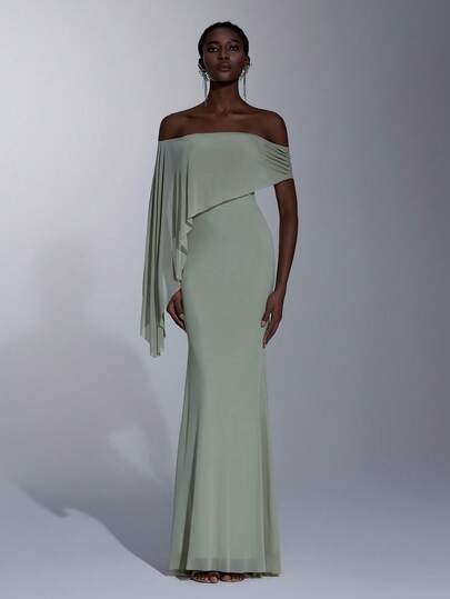 Elitara Elegant, Romantic, Fashionable Green Elastic Fabric Shawl Collar Mermaid Hem Long Formal Dress, Wedding Guest Dress, Green Dress, Holiday Dress, Bridesmaid Dress