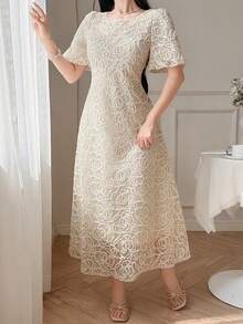 DAZY Women's Elegant Sequin Floral Print Round Neck Lantern Sleeve Mid-Length Dress, Summer - Beige - View 8