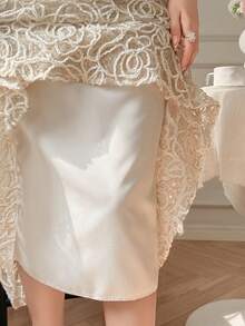 DAZY Women's Elegant Sequin Floral Print Round Neck Lantern Sleeve Mid-Length Dress, Summer - Beige - View 9