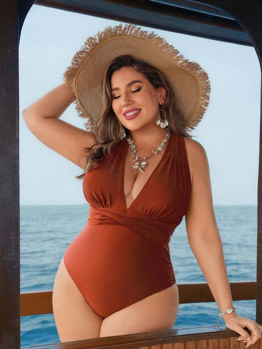 Swim Lushoire Plus Size One-Piece Swimsuit For Women, Triangle Style With Waist Ruching Design, Deep V-Neck Tie Front - Brown - View 1