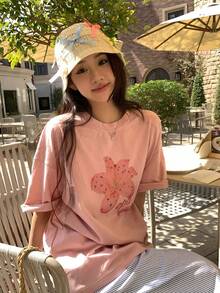 DAZY Áo thun nữ cổ tròn tay ngắn kiểu Hàn Quốc, in họa tiết, thích hợp mặc mùa hè. - Hồng - Xem 2