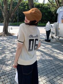 DAZY Women's Casual Numeric Pattern Short Sleeve Knit Top, Spring/Summer - Apricot - View 8