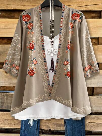 EMERY ROSE 大码女式印花宽松休闲开襟外套