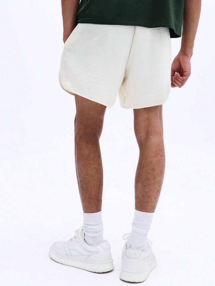 Linen Feel Curved Hem Drawstring Shorts With Side Pockets