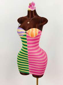 Amplova 2026 New Arrival Colorful Striped Low-Cut Bustier Mini Dress For Women - Multicolor - View 8