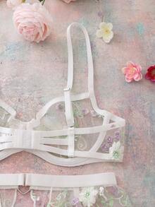 SHEIN 3pcs/Set Women's Floral Embroidery Underwire Bra, Garter Belt And Panty Set, Fresh And Romantic Pastoral Design, Sexy - Multicolor - View 5