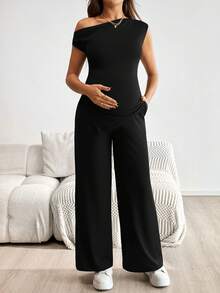 SHEIN 2 pezzi/set Maternità, top a spalle scoperte con orlo irregolare in colore unito e pantaloni a vita regolabile con gamba ampia, per uso casual quotidiano - nero - Visualizzare 3