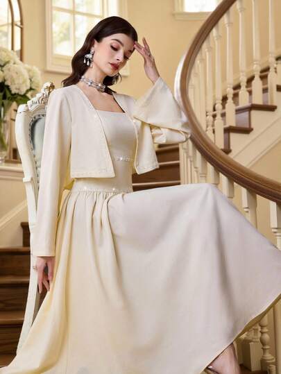 Yasmyna 女士纯色长袖罩袍连衣裙套装