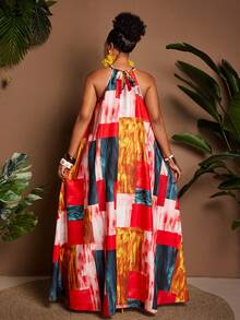 Maweii Đầm đi biển dáng suông cao cấp dành cho nữ cỡ lớn, thiết kế thanh lịch, tôn dáng, đa năng, thắt eo, chân váy xòe, vải in họa tiết phối màu. - Nhiều màu - Xem 3