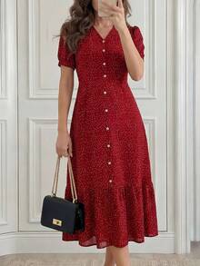 Miaspire Women Spring Valentine's Day Polka Dot Printed Short Puff Sleeve Dress Vacation Outfit For Women Spring Sunmmer - Burgundy - View 1