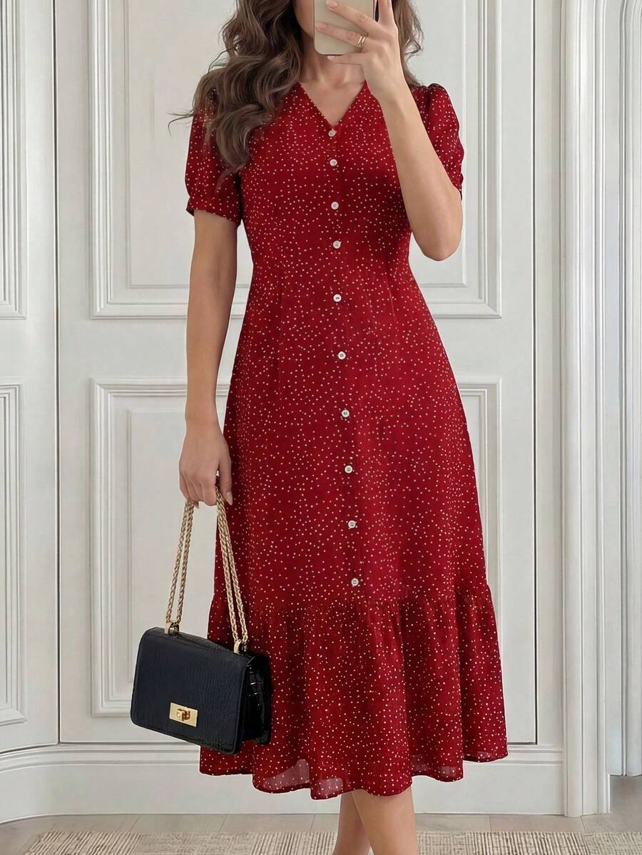 Miaspire Women Spring Valentine's Day Polka Dot Printed Short Puff Sleeve Dress Vacation Outfit For Women Spring Sunmmer - Burgundy - View 1