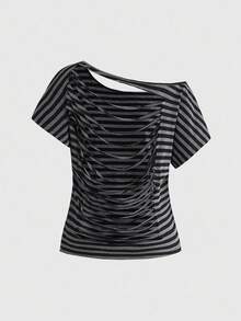 ROMWE Grunge Punk Y2K Punk Cross Rivet Design Laser Cut Loose Fit Solid Color T-Shirt, Versatile - Dark Grey - View 2