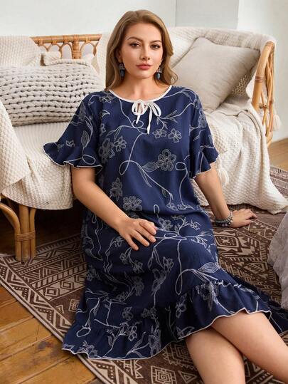 Women's Blue Floral Pattern Ruffle Trim Drawstring Waist Woven Nightgown, Loose Comfortable Plus Size Bohemian Style Sleepwear, Spring/Summer Women Pajama Dress
