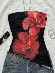 Girlism 少女黑色和红色花卉印花弹力休闲背心和吊带衫 - 黑色 - 查看 6