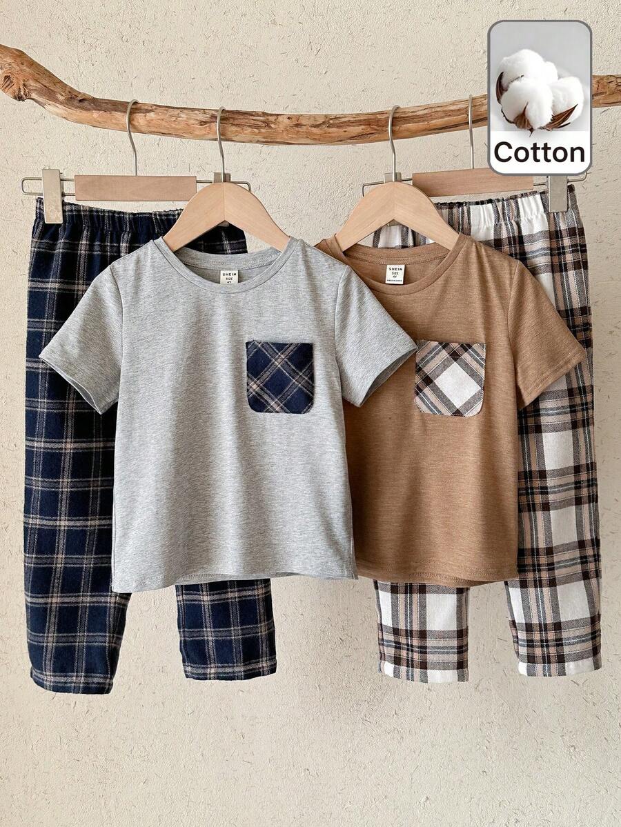 SHEIN 4件套男女童休闲舒适短袖针织T恤上衣搭配格子裤家居服睡衣套装，适合居家和户外穿着 - 彩色 - 查看 1