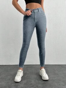 97% Cotton Women Fashion Simple Design Summer Solid Skinny Jeans - Light Grey - View 4