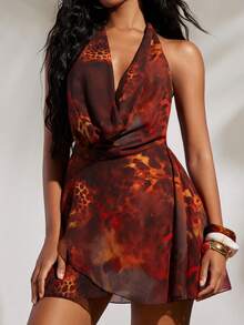 Opulessa 女士撞色深V领无袖露背迷你连衣裙 - 棕色 - 查看 4