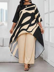 SHEIN Lady 2025新款女装两件套加大码商务通勤撞色印花不对称下摆上衣和裤子套装优雅夏季度假女装加大码两件套女装秋季女装 - 彩色 - 查看 4