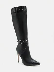 Glitzique 2025 秋冬性感时尚腰带金属扣铆钉尖头 12 厘米细高跟休闲百搭侧拉链高筒靴,黑色靴子 - 黑色 - 查看 9