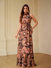 ZEYLAH Elegant Romantic Waist Cinching Umbrella Print 2 Pieces Set, Spring/Summer - Black - View 4