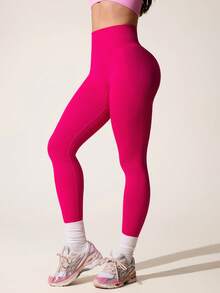 SHEIN Sports 玫瑰红色无缝高腰运动紧身裤 - 玫紅色 - 查看 5
