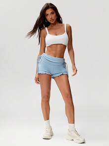 Denimoi Pantalones cortos de mujer de unicolor con diseño anudado, dobladillo con volantes, versátiles para uso diario - Celeste - Ver 5