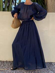 DAZY 女士休闲圆领长袖上衣和喇叭裙两件套 - 藏蓝色 - 查看 6