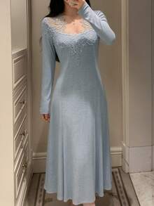 DAZY 蕾丝拼接修身长袖长款睡裙，春季女士睡衣连衣裙 - 藍色 - 查看 1