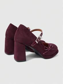 ROMWE Kawaii Women's High-Heeled Shoes Dark Rock Punk Goth Shoes Closed Toe Buckle Dress Shoes Waterproof Table Bow Sweet Lolita Shoes Y2K Party Shoes Thick Heel Commuter Work Shoes - Burgundy suede - View 4