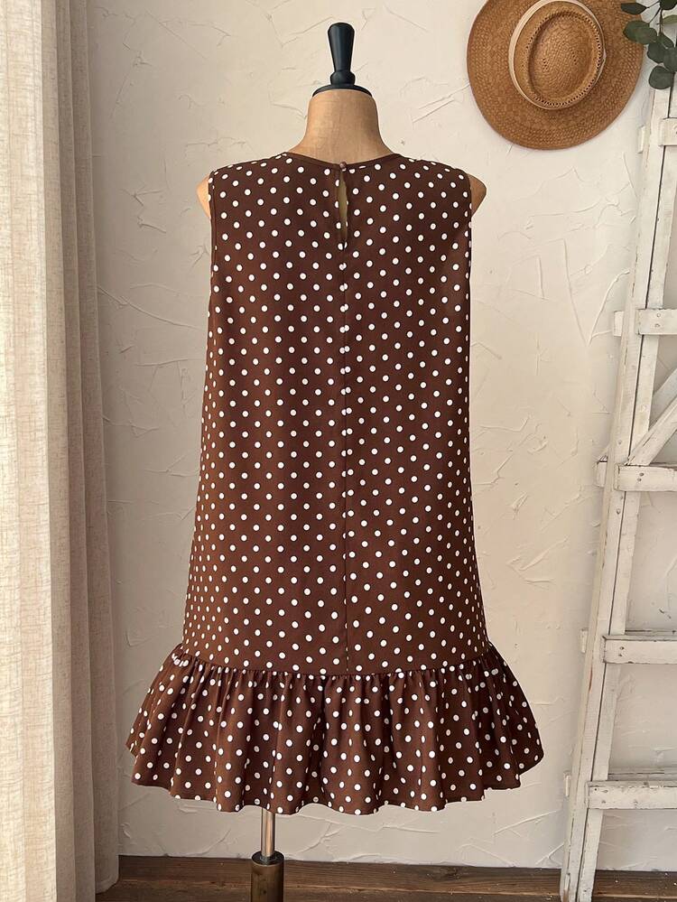 Plus Size Women Polka Dot Pattern Ruffle Hem Casual Sleeveless Dress Summer Dress  Summer Outfits Summer Clothes Spring Dress Spring Outfit Women Spring Clothing Country Style For Women Country Dress For Women Polka Dot Dress
