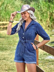 EMERY ROSE Women's Sleeveless Single-Breasted Casual Pocket Denim Jumpsuit - Medium Wash - View 3