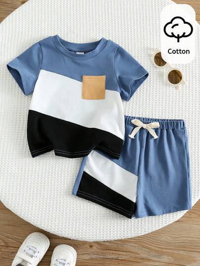 SHEIN Bộ áo thun và quần short in chữ phối màu tương phản cho bé trai, có túi phối màu tương phản, kiểu dáng tối giản, thích hợp cho mùa hè.