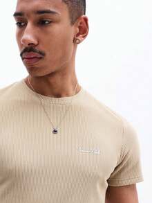 SUMWON Men's Slim Fit Ribbed Knit Crew Neck Short Sleeve T-Shirt With Small Chest Logo Embroidery Casual Summer Everyday Basic Tee - Brown - View 5