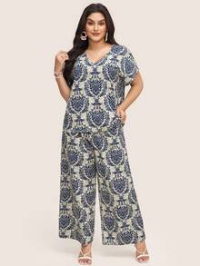 Comfylo 2pcs/Set Plus Size Short Sleeve V-Neck T-Shirt And Pants, Minimalist And Fashionable For Summer Women Boho/Bohemian Summer Outfits For Women Vacation Outfits Woman Two Pieces Set Women Summer Outfits For Women Two Pieces Set Women Summer New Design - Multicolor - View 6