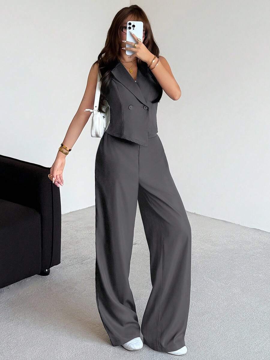 SHEIN Teen Girl Casual Minimalist Comfortable V-Neck Sleeveless Top And Pants Set - Dark Grey - View 1
