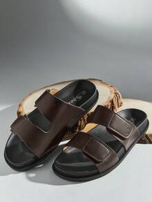 SHUZIA #ModernMinimal Men's Soft Footbed Twin-Band Hook And Loop Premium Faux Leather Coffee Slide Sandals – Clean Lines, Plush Comfort & Effortless Style - Coffee Brown - View 6