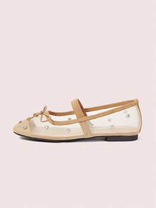 CUCCOO DOLLMOD Ladies Light Brown Mesh Breathable Mary Jane Flats, Rhinestones Embellished Spring Shoes - Light brown - View 8