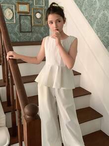 DAZY Tween Girl Solid Color Round Neck Ruffle Hem Sleeveless Shirt And Pants Casual Outfit - White - View 5