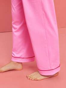 LUVLETTE 柔软棉质撞色滚边基础款纽扣上衣和裤子粉色家居服睡衣套装，裤子带口袋，女士家居服套装，情人节礼物睡衣 - 粉色 - 查看 8