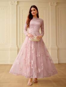 ZEYLAH 女士优雅刺绣圆领长袖连衣裙 - 淺粉色 - 查看 5