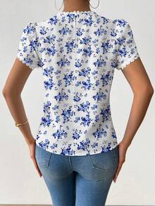 Pariaura Women's Elegant Casual Floral Print Ruffle Collar Petal Sleeve Blouse - Blue - View 2