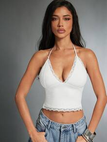 Denimoi Lace Trim Backless Halter Top Sexy Tops GNO Date Night Brunch Outfits - White - View 1