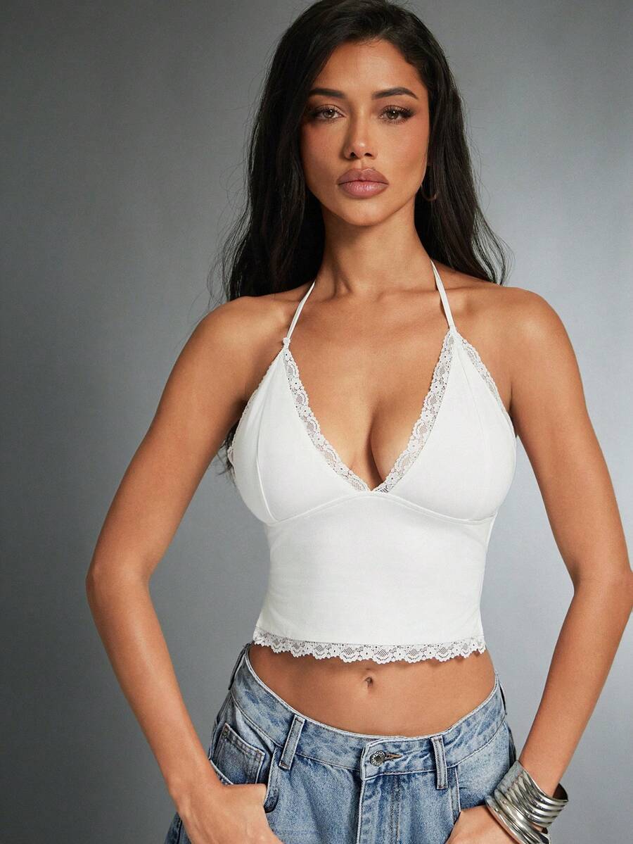 Denimoi Lace Trim Backless Halter Top Sexy Tops GNO Date Night Brunch Outfits - White - View 1