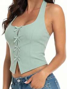 Top Corsé Halter con Detalles de Moños - verde menta - Ver 2
