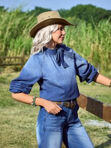 EMERY ROSE Women's Casual Denim Blouse With Bow Collar And Raglan Sleeves - Medium Wash - View 1