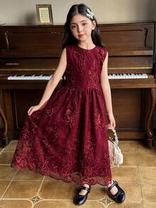 DAZY Tween Girls Sleeveless Sequin Embroidered Dress, Fall Outfit - Red - View 2