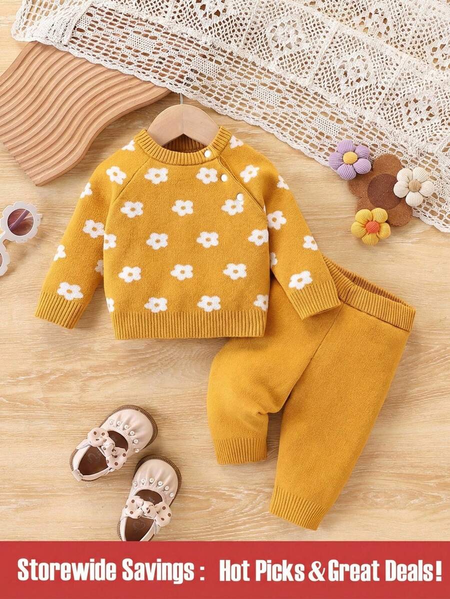 SHEIN 新生儿毛衣套装：可爱休闲百搭的黄色卡通提花针织毛衣。卡通毛衣套装：修身侧开长袖毛衣上衣，毛裤。柔软舒适，春秋冬三季皆宜。适合日常生活、旅行、度假、居家、育儿室和儿童玩耍。 - 黃色 - 查看 1